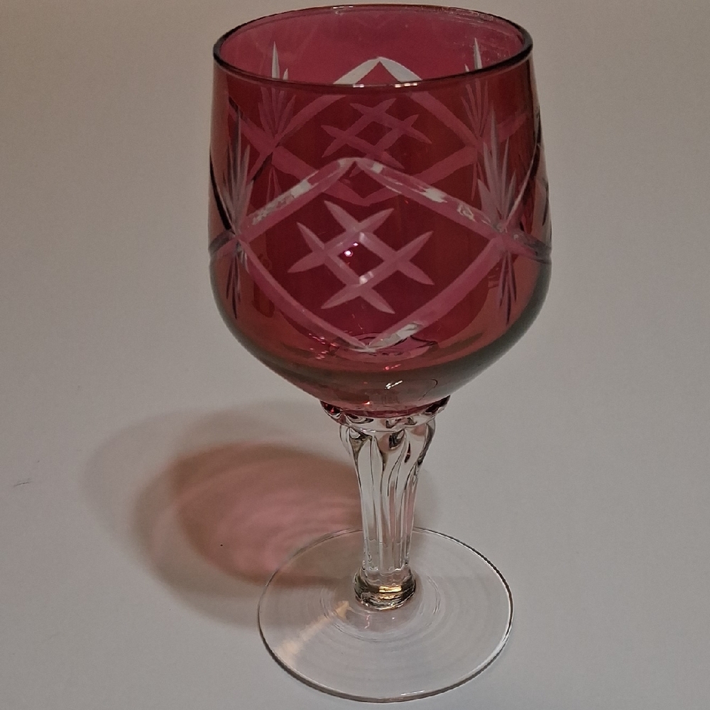 Red Ruby Hand Blown Bohemian Cut To Clear Lead Crystal Wine Glass
